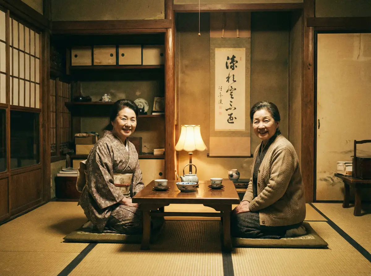 两位优雅的 尊龙app 在日式茶室中品茶交谈